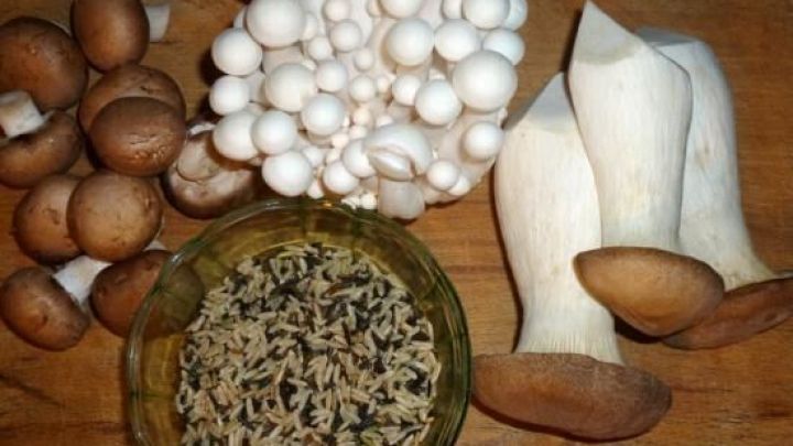 Vielf&auml;ltige Pilze liegen neben einer Schale mit Wildreis auf einem Holzbrett, ideal f&uuml;r eine gesunde Wildreispfanne.