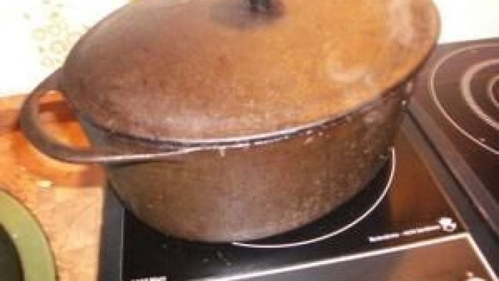 Ein gusseiserner G&auml;nsebr&auml;ter steht auf einem Induktionsherd und dampft, bereit zum Kochen in einer modernen K&uuml;che.