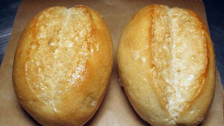 Zwei frische Br&ouml;tchen liegen auf einem St&uuml;ck Backpapier, bereit zum Servieren oder Verzehr in einer modernen K&uuml;che.