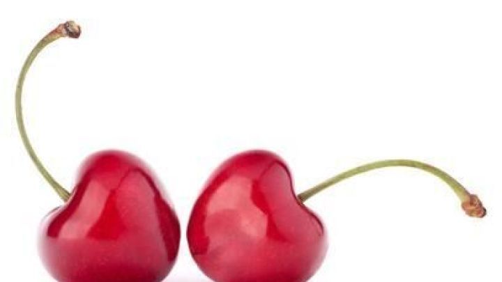 Zwei gl&auml;nzende Kirschen mit Stielen liegen nebeneinander vor einem wei&szlig;en Hintergrund.