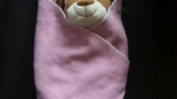 Ein Kuscheltier ist in ein rosafarbenes Handtuch gewickelt und liegt auf einem dunklen Ledersitz, als ob es beruhigt wird.