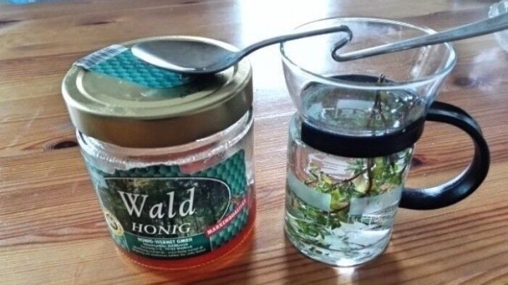 Ein Glas mit Thymiantee steht neben einem Honigglas, w&auml;hrend ein L&ouml;ffel auf dem Glas ruht. Holzoberfl&auml;che als Hintergrund.