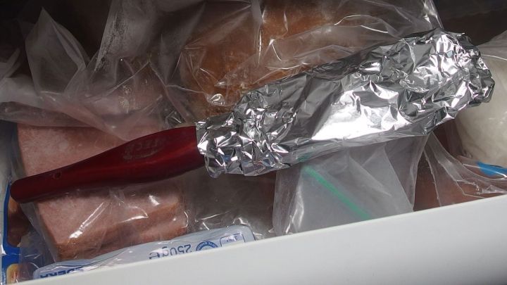 Ein Pinsel mit rotem Griff ist in Frischhaltefolie gewickelt und liegt im Gefrierfach zwischen Lebensmittelpackungen.