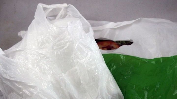 Transparente Abrei&szlig;beutel liegen &uuml;bereinander und enthalten frisches Obst und Gem&uuml;se in einem hellen Raum.