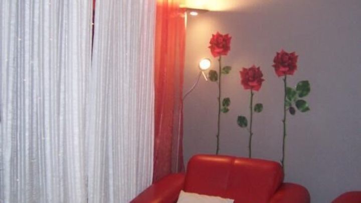 Eine Gardinenstange h&auml;lt transparente Vorh&auml;nge, die den gem&uuml;tlichen Wohnbereich mit roten Akzenten sanft umrahmen.