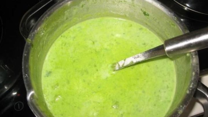 Ein Topf mit gr&uuml;ner Spinatsuppe wird vorsichtig ger&uuml;hrt; auf einem Herd in einer K&uuml;che.