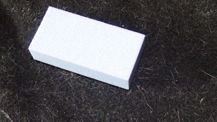 Ein Bimsstein liegt auf einem dunklen Teppich, umgeben von Katzenhaaren, bereit zum Entfernen der Haare.