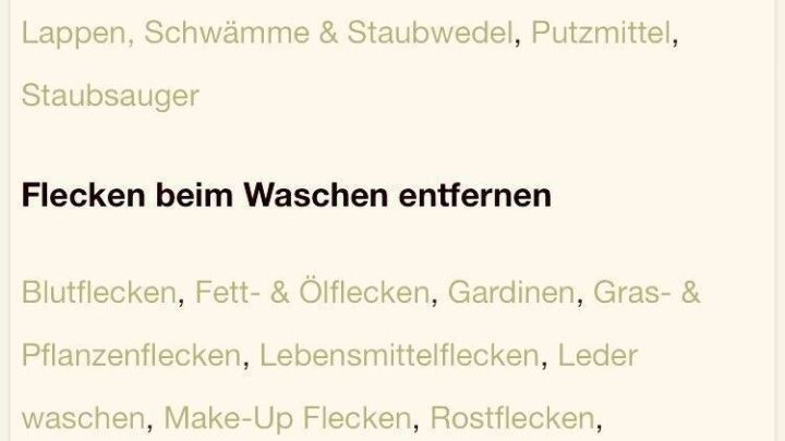 Putzutensilien zeigen eine Liste von Methoden zur Fleckenentfernung in einem sauberen, strukturierten Layout.