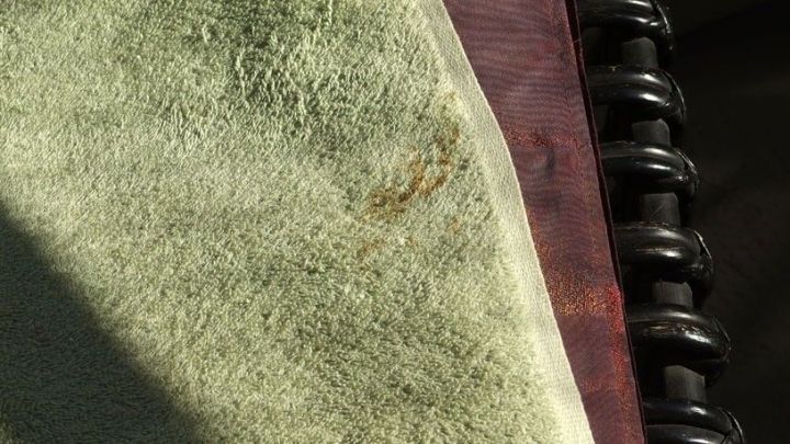 Ein gr&uuml;nes Tuch liegt auf einem Stuhl, auf dem sich ein kleiner Tomatenfleck unter Sonnenlicht verfangen hat.