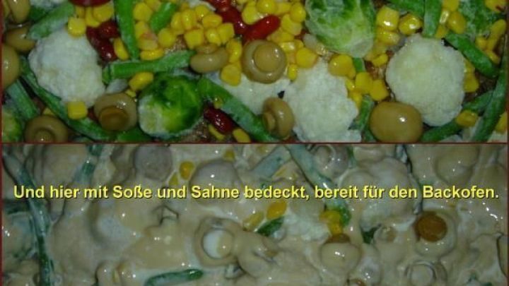 Eine bunte Gem&uuml;se-Fleisch-Pfanne zeigt Bohnen, Mais und Pilze. Im zweiten Bild mit Sahne bedeckt, bereit f&uuml;r den Ofen. Text: "Die Fleischst&uuml;cke liegen unten drunter. Hier noch ohne So&szlig;e." und "Und hier mit So&szlig;e und Sahne bedeckt, bereit f&uuml;r den Backofen. Und es war schweinelecker ... :D"