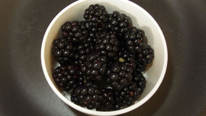 Frische, saftige Beeren, besonders Brombeeren, liegen in einer wei&szlig;en Sch&uuml;ssel auf einem dunklen Tisch.