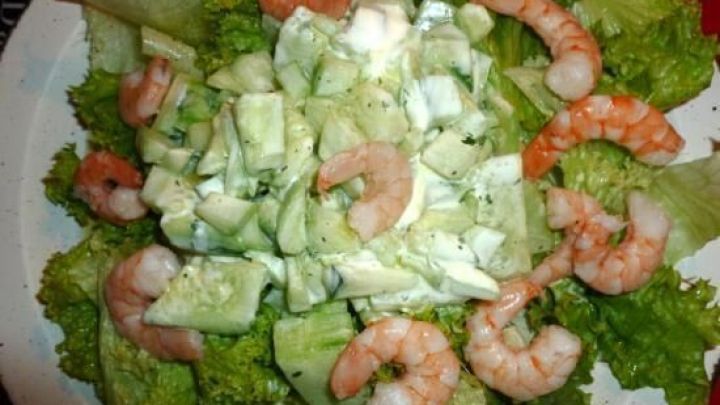 Ein frischer Gurkensalat in Sahneso&szlig;e liegt auf knackigem Salat, garnierte Shrimps verleihen dem Gericht einen maritimen Touch.