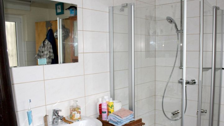 Ein helles Badezimmer mit Dusche und Spiegel, in dem Reinigungsprodukte auf einem Tisch stehen.