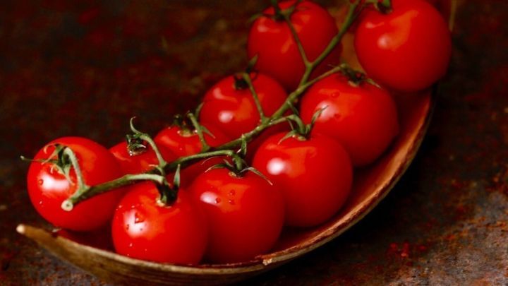 Saftige, rote Tomaten liegen auf einem metallenen L&ouml;ffel, bereit f&uuml;r das Chutney-Rezept mit Senf-Saat in der K&uuml;che.