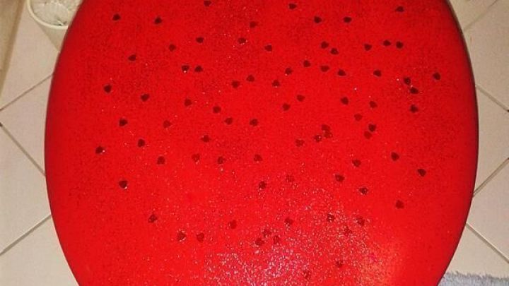 Eine leuchtend rote Klobrille mit kleinen Herzdekoren befindet sich in einem gefliesten Badezimmer; daneben steht eine Toilettenb&uuml;rste.