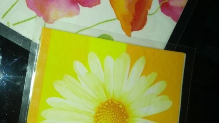 Getr&auml;nkuntersetzer mit Blumenmotiven aus Servietten in Klarsichtfolie auf einem dunklen Untergrund platziert.