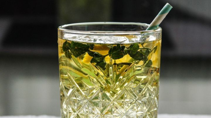 Ein krystallklarer Trinkglas mit selbst gemachter Brause, gef&uuml;llt mit gr&uuml;nem Getr&auml;nk und frischen Minzbl&auml;ttern, steht auf einem Tisch.