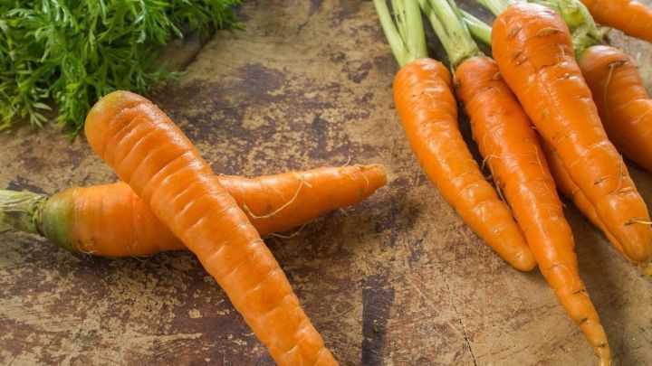 Karotten liegen frisch auf einem rustikalen Holztisch; gr&uuml;ne Bl&auml;tter bilden einen Rahmen.