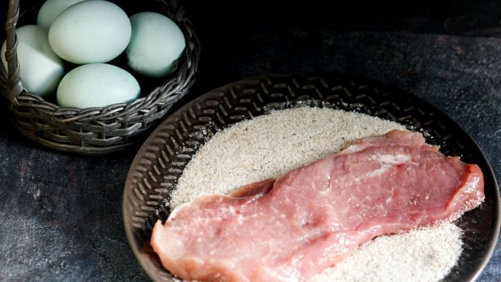 Ein St&uuml;ck Fleisch liegt auf einer Schale mit Flohsamenschalen, w&auml;hrend ein Korb mit Eiern im Hintergrund steht.
