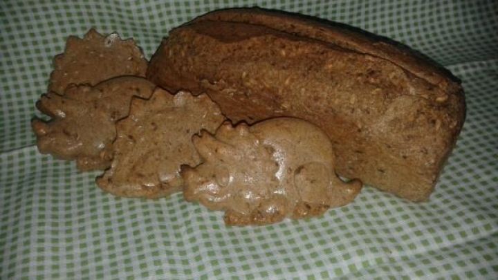 Ein Dinkelvollkornbrot liegt neben dinosaurierf&ouml;rmigen Dinobr&ouml;tchen auf einem karierten Tuch.