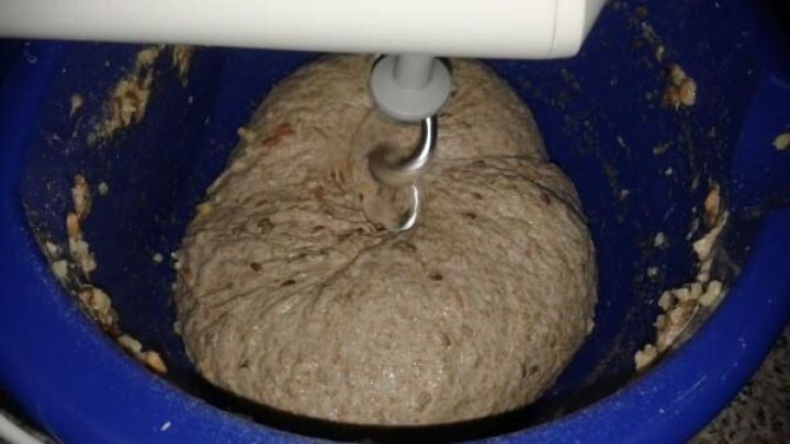 Ein gro&szlig;er Hefeteig wird in einer blauen Sch&uuml;ssel von einem R&uuml;hrger&auml;t geknetet, der Teig sieht luftig und elastisch aus.