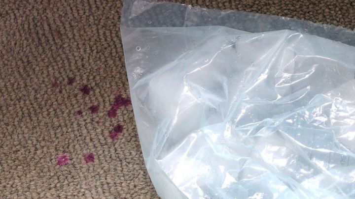 Ein Kunststoffbeutel liegt auf einem Teppich, umgeben von roten Kerzenwachs-Flecken, die im Teppich eingebettet sind.