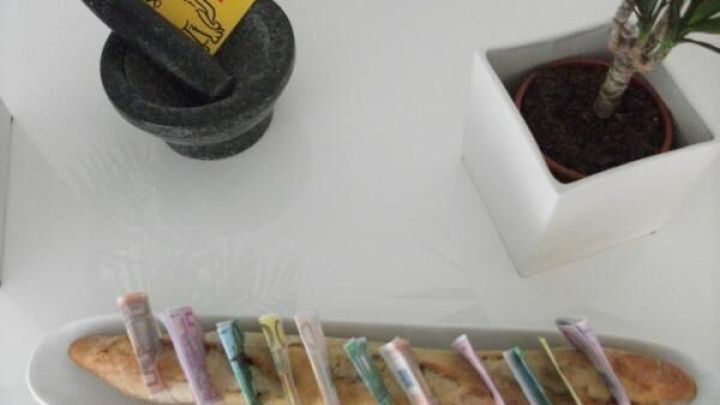 Ein l&auml;ngliches Brot liegt auf einem wei&szlig;en Teller und ist mit bunten Geldscheinen dekoriert, um es als Geldgeschenk zu pr&auml;sentieren. Маркер для текста на фоне.