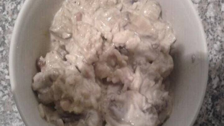 Ein cremiger Putengeschnetzeltes mit Schmelzk&auml;se wird in einer Sch&uuml;ssel serviert, umgeben von einer grauen Arbeitsfl&auml;che.