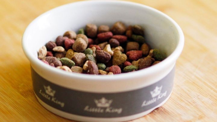 Eine Sch&uuml;ssel mit Katzennahrung steht auf einem Holzuntergrund, bereit f&uuml;r die F&uuml;tterung im Winter.