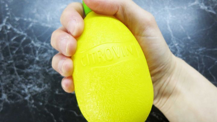 Eine Hand hält eine gelbe Plastikzitrone mit der Aufschrift 