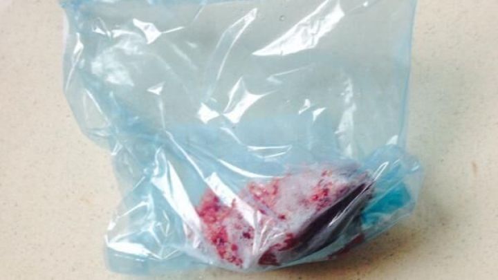 Eine Plastikfolie enth&auml;lt rotes, tiefgefrorenes Hundefutter und liegt auf einer hellen K&uuml;chenarbeitsplatte.