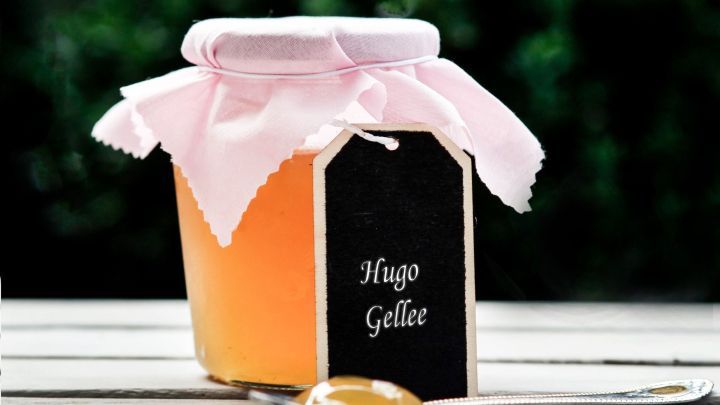 Ein Glas Hugo Gelee steht auf einem Tisch, umgeben von einer gr&uuml;nen Umgebung, mit einem L&ouml;ffel daneben.