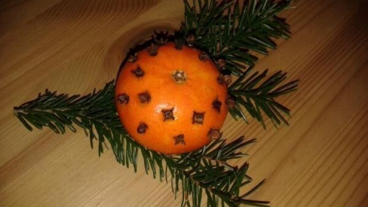 Mandarine mit Nelken gespickt, ruht auf Tannenzweigen, auf einem Holztisch.