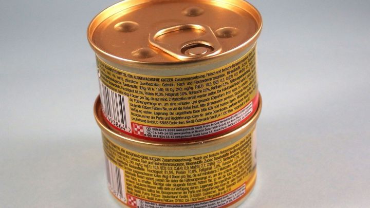 Zwei ge&ouml;ffnete Katzenfutterdosen stehen &uuml;bereinander und sind bereit zur geruchslosen Aufbewahrung in einer neutralen Umgebung.