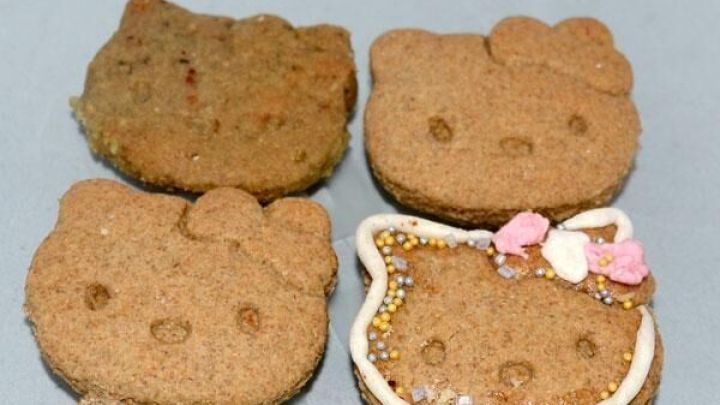 Kekse in Katzenform mit einem verzierten Keks; bunte Streusel und Zuckerguss auf grauem Hintergrund.