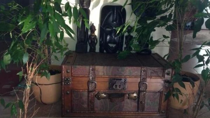 Ein alter Koffer dient als Tisch zwischen zwei Zimmerpflanzen, mit Statuen dahinter, auf einem Fliesenboden.