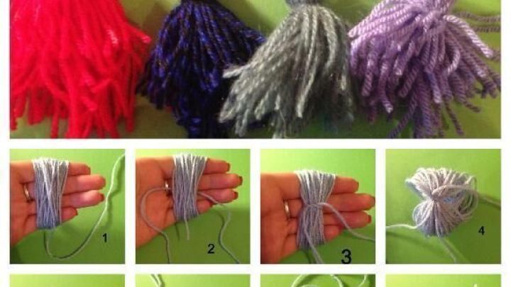 Wollgespenster in Rot, Blau, Gr&uuml;n und Lila h&auml;ngen nebeneinander; unten zeigt ein Tutorial in acht Schritten ihre Herstellung.