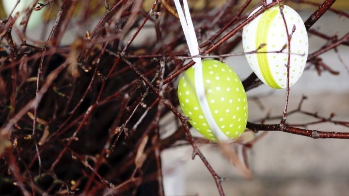 Dicke Zweige mit bunten, h&auml;ngenden Ostereiern verzieren einen rustikalen Hintergrund, was festliche Stimmung schafft.