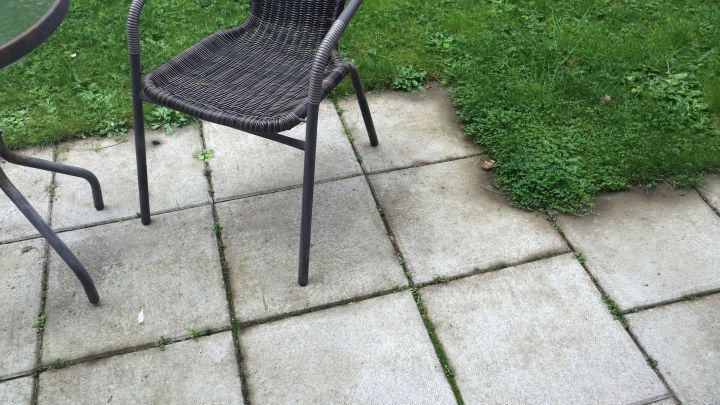 Helle Terrassenplatten liegen auf Rasen, zeigen Verschmutzungen und ben&ouml;tigen Reinigung. Ein Stuhl und Tisch sind sichtbar.