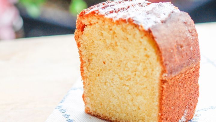 Ein fruchtiger, lockerer Kuchenteig ist in ansprechenden St&uuml;cken auf einem rustikalen Untergrund angerichtet, umgeben von Pflanzen.