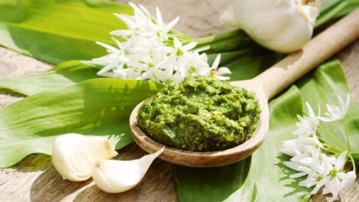 Ein L&ouml;ffel mit gr&uuml;ner B&auml;rlauchpaste liegt auf B&auml;rlauchbl&auml;ttern, umgeben von frischen Knoblauchzehen und wei&szlig;en Bl&uuml;ten.