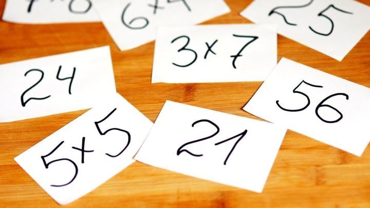 Auf Karten stehen Mathematikaufgaben, die auf einem Tisch verteilt sind, um das Mathe Memory-Spiel zu spielen.