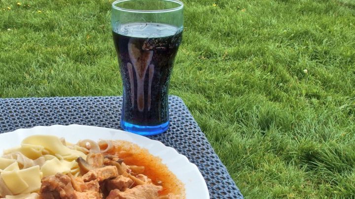 Ein Teller mit zartem, in Cola gekochtem Fleisch und Beilagen steht auf einem Tisch neben einem Glas Cola, umgeben von gr&uuml;nem Gras.