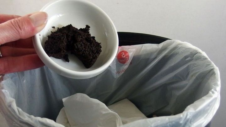 Eine Hand h&auml;lt eine kleine Sch&uuml;ssel mit etwas M&uuml;ll &uuml;ber einen M&uuml;lleimer, in dem sich bereits Abf&auml;lle befinden.