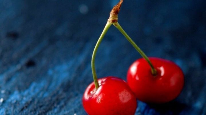 Zwei leuchtend rote Kirschen stehen nah beieinander auf einem blauen Hintergrund und wirken frisch und einladend.