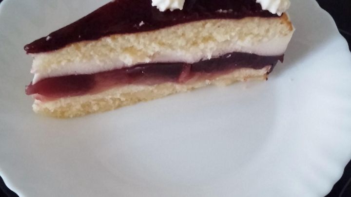 Ein St&uuml;ck Apfel-Holunder-Torte mit Weingelee liegt auf einem wei&szlig;en Teller, garniert mit Sahne, im K&uuml;chenumfeld.