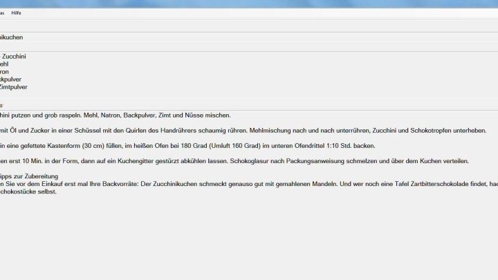 Eine Kochbuch-Anwendung f&uuml;r Windows zeigt Rezepte und Kochtipps in einem &uuml;bersichtlichen Format an.
