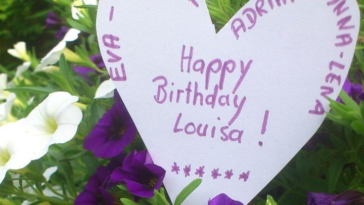 Ein Herz mit dem Text &bdquo;Happy Birthday Louisa!&ldquo; umgeben von bunten Blumen, das Geburtstagsgr&uuml;&szlig;e online symbolisiert.