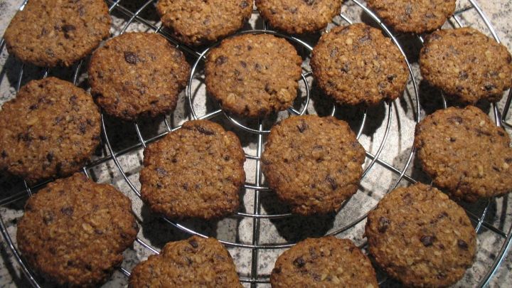 Auf einem Kuchengitter liegen gleichm&auml;&szlig;ig angeordnete, knusprige Schoko-Hafer-Pl&auml;tzchen und k&uuml;hlen ab.