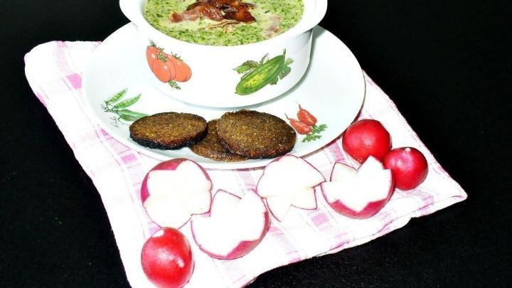 Eine cremige Suppe aus Radieschenbl&auml;ttern steht in einer Sch&uuml;ssel auf einem Teller, umgeben von Radieschen und Knusperschinken.